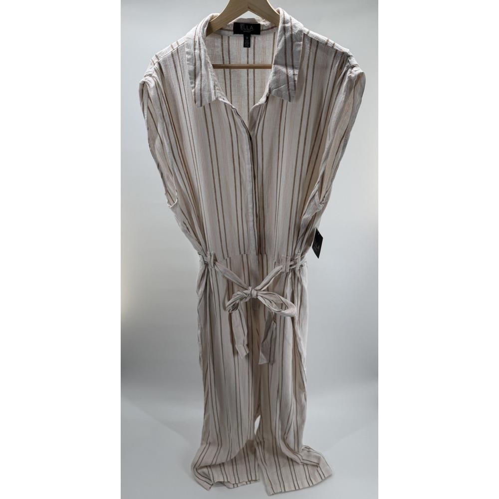 Ella By Rafaella Women's White Linen Blend Tie-Waist Jumpsuit Pink Plus Size 1X